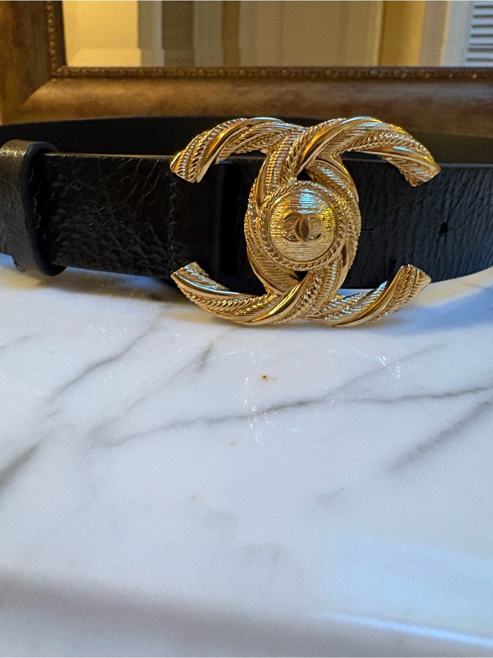 CHANEL Black Leather Belt with Textured Gold CC Buckle